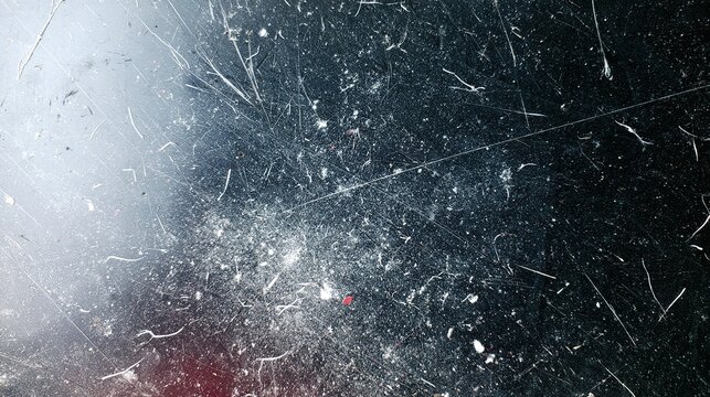 High‑angle close‑up textured backdrop of heavily scratched dusty dark film‑glass surface, scattered worm‑like white fibers, dust speckles, multi‑directional scratches, grey‑to‑black gradient