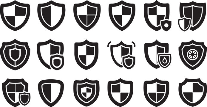 Collection of various shield icons and symbols