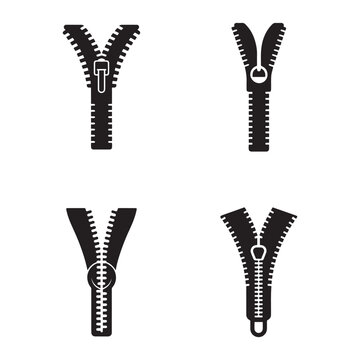 Zipper icons with different pull tab designs on white background  clothing and accessory fasteners