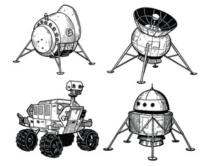 Black and white line drawing showing four space exploration objects including a lunar lander, lunar orbiter, exploration rover, and lunar ascent module in a cohesive stacked layout. © bow