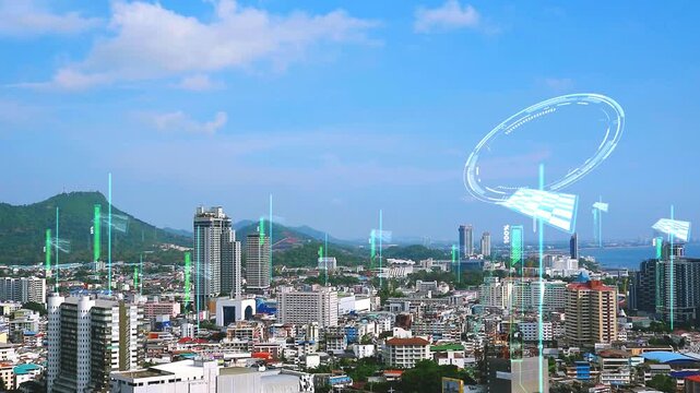 Smart city futuristic monitor solar cell and digital power technology digital sky. electricity sales concept and energy from households and citizens