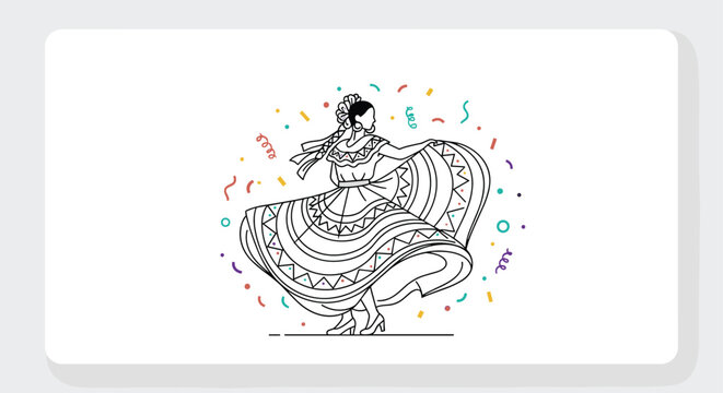 Elegant line art illustration of a woman dancing in a traditional mexican dress surrounded by colorful festive confetti.