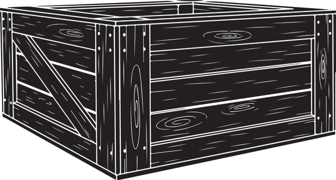 Black wooden crate with metal reinforcements and hinged lid Vector, illustration
