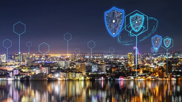 Smart city relection on sea panning and security futuristic double digital shield show check point enegry technology