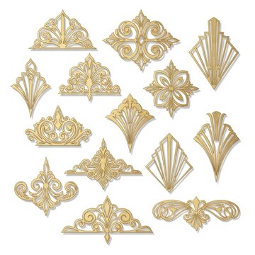 Collection of ornate gold decorative and filigree patterns on white background