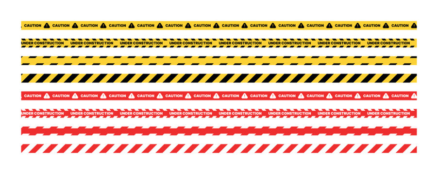 Set of caution and under construction tapes in yellow black and red colors isolated on transparent background, horizontal safety ribbons collection with warning symbols for industrial hazard design