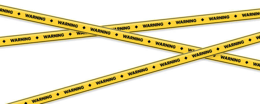 Yellow warning tape crossing diagonally with bold repeating text creating strong hazard concept isolated on transparent background, construction safety barrier, danger alert lines, industrial design