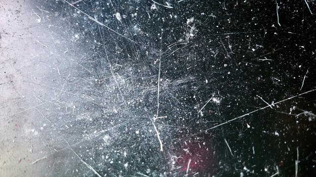 High‑angle close‑up textured backdrop of heavily scratched dusty dark film‑glass surface, scattered worm‑like white fibers, dust speckles, multi‑directional scratches, grey‑to‑black gradient
