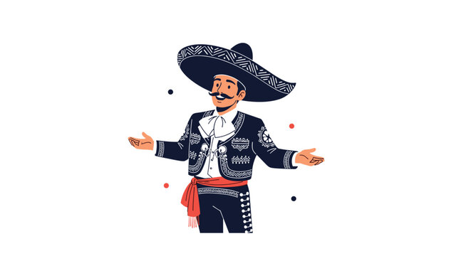 Traditional Mexican mariachi musician wearing a black charro suit and a large sombrero hat with arms wide open.