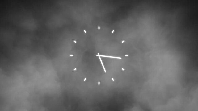 Analog time clock on realistic cloud of smoke loop motion background.