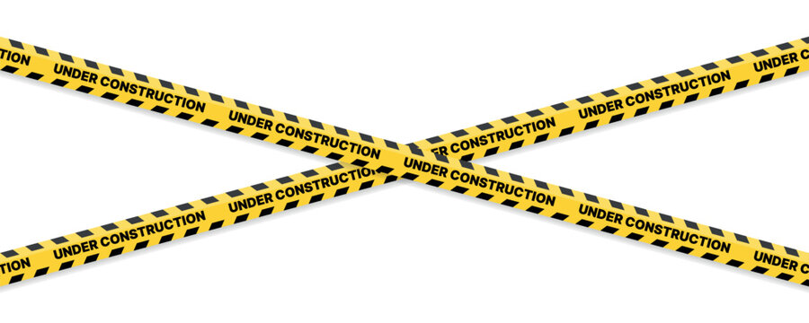 Crossed under construction tapes with bold text forming X composition isolated on transparent background, warning barrier concept for building site, repair work, restricted access sign design element