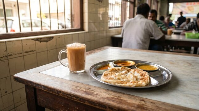 Traditional malaysian breakfast featuring roti canai with various curries and a frothy teh tarik on a marble table in a local eatery