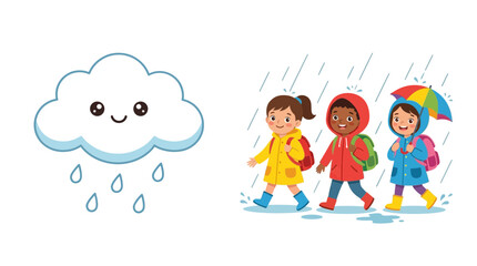 Fototapeta premium Rainy Day Kids Walking Under Cloud with Raindrops