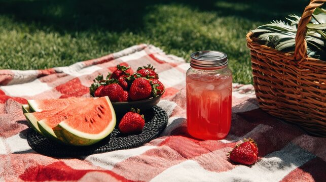 outdoor Juneteenth picnic setup (no people), picnic blanket, lemonade jar, strawberries, and watermelon. Strawberry picnic with lemonade on a red plaid blanket