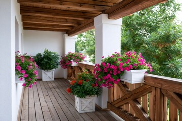 Obraz premium Wooden terrace with blooming petunias and geraniums