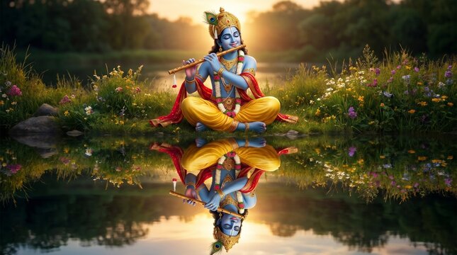Krishna playing flute hindu god river bank nature spiritual deity mythology