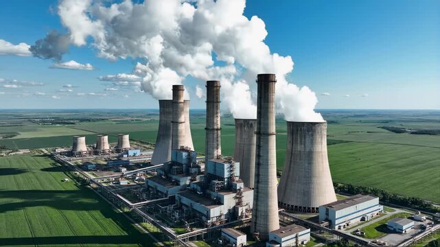 Industrial power plant with large cooling towers emitting steam under a blue sky