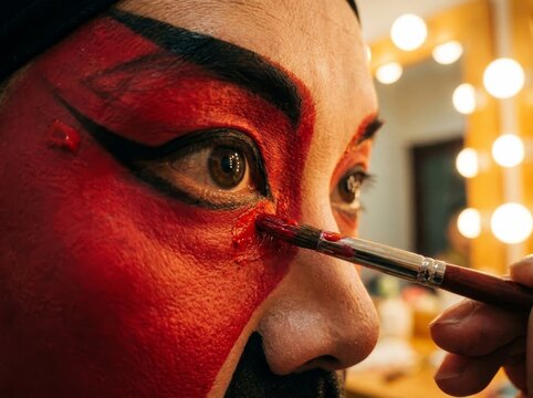 Artist applies traditional red face paint to performers eye area