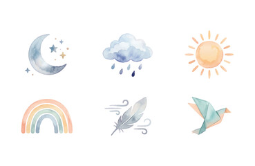 Watercolor Sky Elements Neo-Minimalist Icon Set © Dwi
