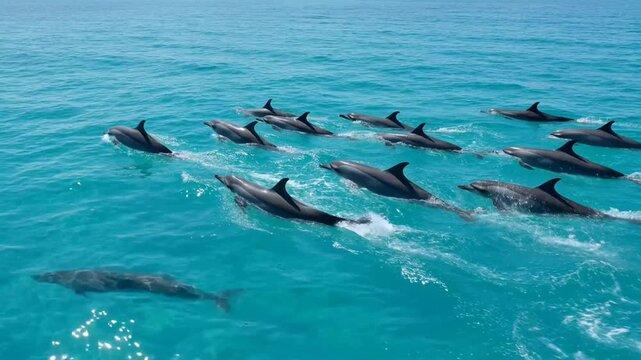 A pod of dolphins swimming in the ocean.