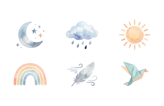 Watercolor Sky Elements Neo-Minimalist Icon Set