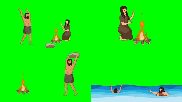 Happy prehistoric cavemen characters dancing and swimming inside the sea 2d animated cartoon on green screen chroma key background. high quality loop cycle vector illustration animation