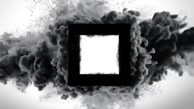 Dark smoke explosion forming negative space square frame against bright background
