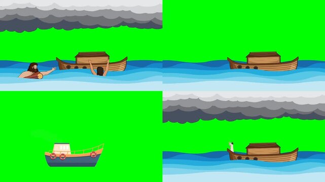 Huge wooden ships floating on dangerous ocean waves during a heavy storm 2d animated cartoon on green screen chroma key background. high quality loop cycle vector illustration animation