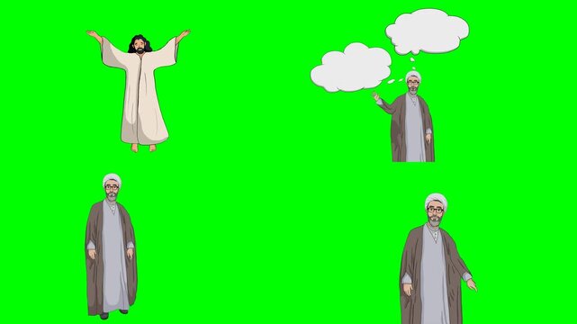 Holy religious prophet figures standing peacefully and raising arms high 2d animated cartoon on green screen chroma key background. high quality loop cycle vector illustration animation