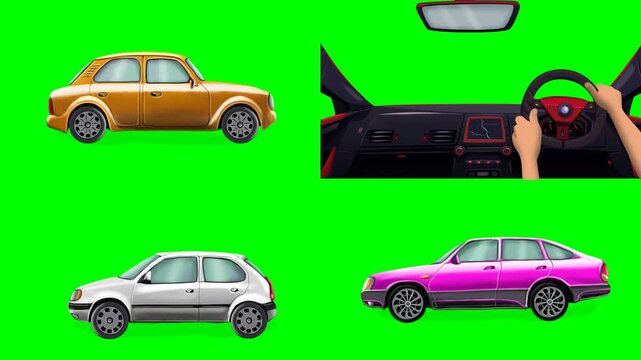 Inside view of car steering wheels and colorful vehicles driving forward 2d animated cartoon on green screen chroma key background. high quality loop cycle vector illustration animation