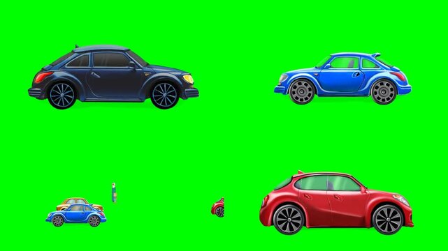 Various red and blue colored cartoon cars driving smoothly on the street 2d animated cartoon on green screen chroma key background. high quality loop cycle vector illustration animation