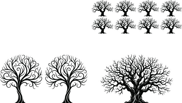 Decorative Bare Tree Silhouettes Collection with Twisted Branches and Artistic Nature Vector Illustration Designs