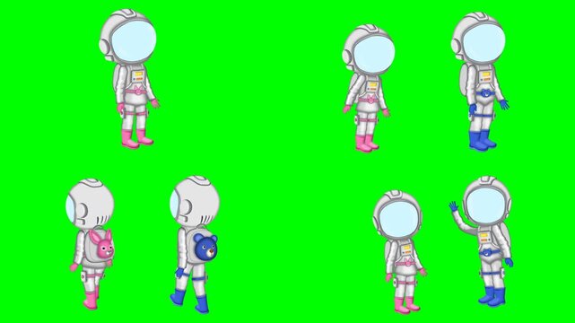 Little cute spaceman astronauts floating pointing up and standing freely 2d animated cartoon on green screen chroma key background. high quality loop cycle vector illustration animation