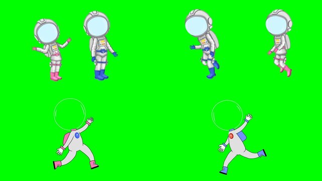 Cute astronaut characters floating in zero gravity and running very fast 2d animated cartoon on green screen chroma key background. high quality loop cycle vector illustration animation