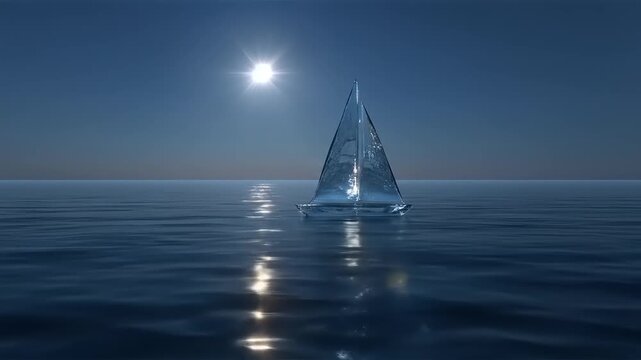 Glass sailboat navigating dark ocean under bright celestial body