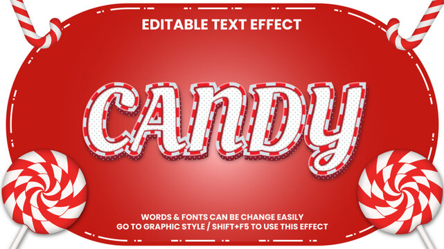 Candy Editable Text Effect with Red white Sweet Glossy Style and Decorative Swirls