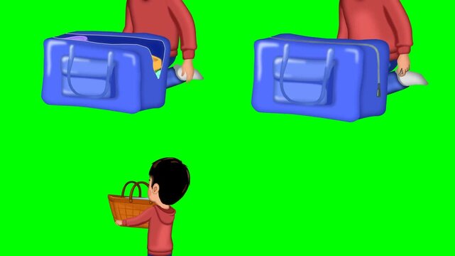Hands holding closed red cups packing blue travel bags and carrying them 2d animated cartoon on green screen chroma key background. high quality loop cycle vector illustration animation