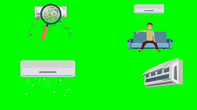 Leaking air conditioners blowing cold wind and freezing a sitting person 2d animated cartoon on green screen chroma key background. high quality loop cycle vector illustration animation