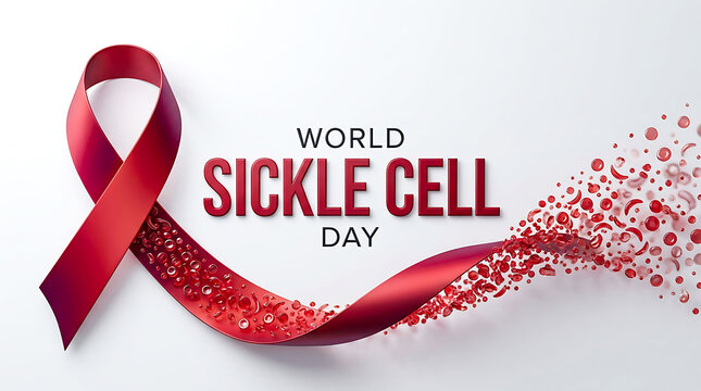 World sickle cell day june 19 red ribbon dissolving into blood cells