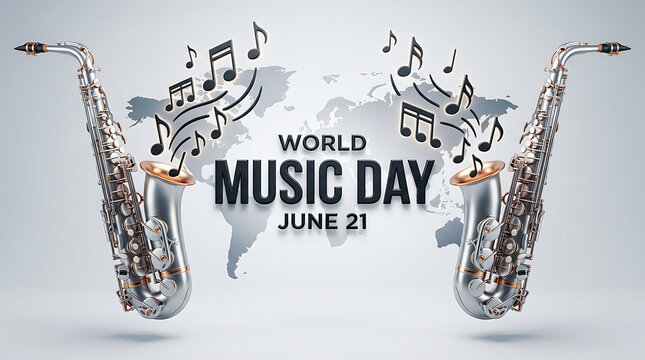 World music day with saxophones and musical notes music lover saxophone