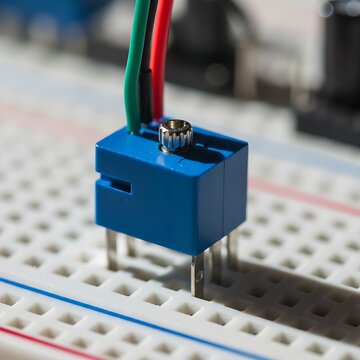 Macro shot of blue precision potentiometer electronic component mounted on white breadboard with colored jumper wires
