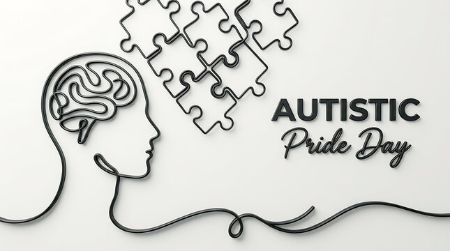 Abstract brain and puzzle pieces forming head silhouette for autistic pride