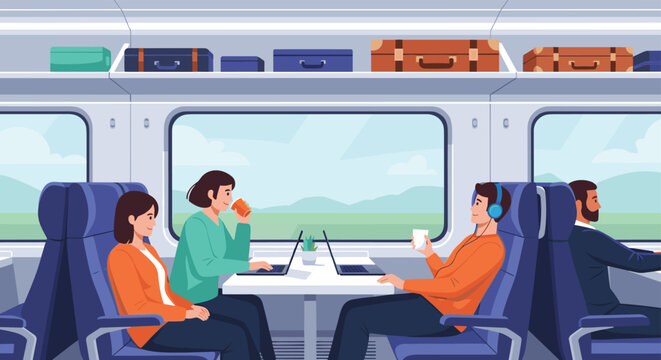 Travelers sitting in comfortable modern train seats working on laptops and drinking coffee during long distance rail journey.