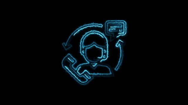 Neon blue outline of a customer service representative with headset and speech bubble on black background
