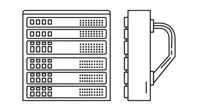 Isolated server rack and storage hardware line icon on black background