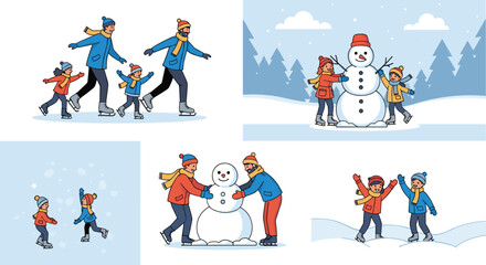 Fototapeta premium Winter themed illustrations showing children ice skating, building snowman, and playing in snow during cold holiday season.