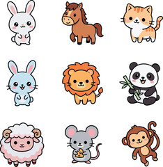 Fototapeta premium Cute Kawaii Animal Character Collection with Rabbit Cat Lion Panda Monkey Horse Sheep and Mouse Illustrations