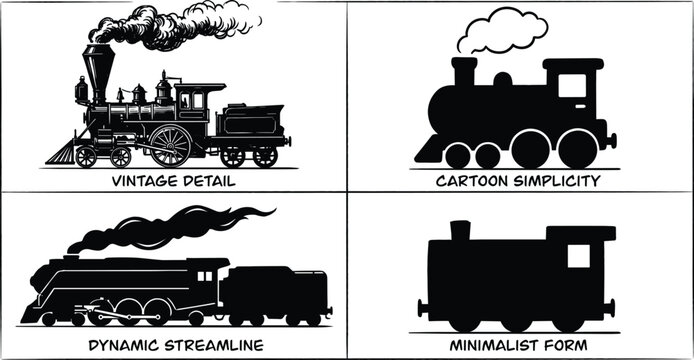 Steam Train Illustration Styles Collection Featuring Vintage Detailed Cartoon Streamlined and Minimalist Railway Designs