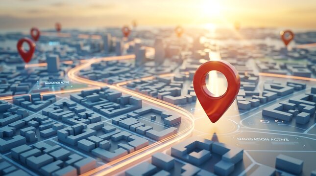Red location pins on a 3D stylized city map with glowing navigation routes and digital labels indicating active navigation modes for urban explorers and modern transit systems