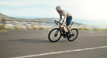 Obraz premium Exercise, motion blur and cycling with man outdoor for speed challenge, bicycle and workout. Wellness, fitness and fast training with person and bike in nature for sports, transport and cardio
